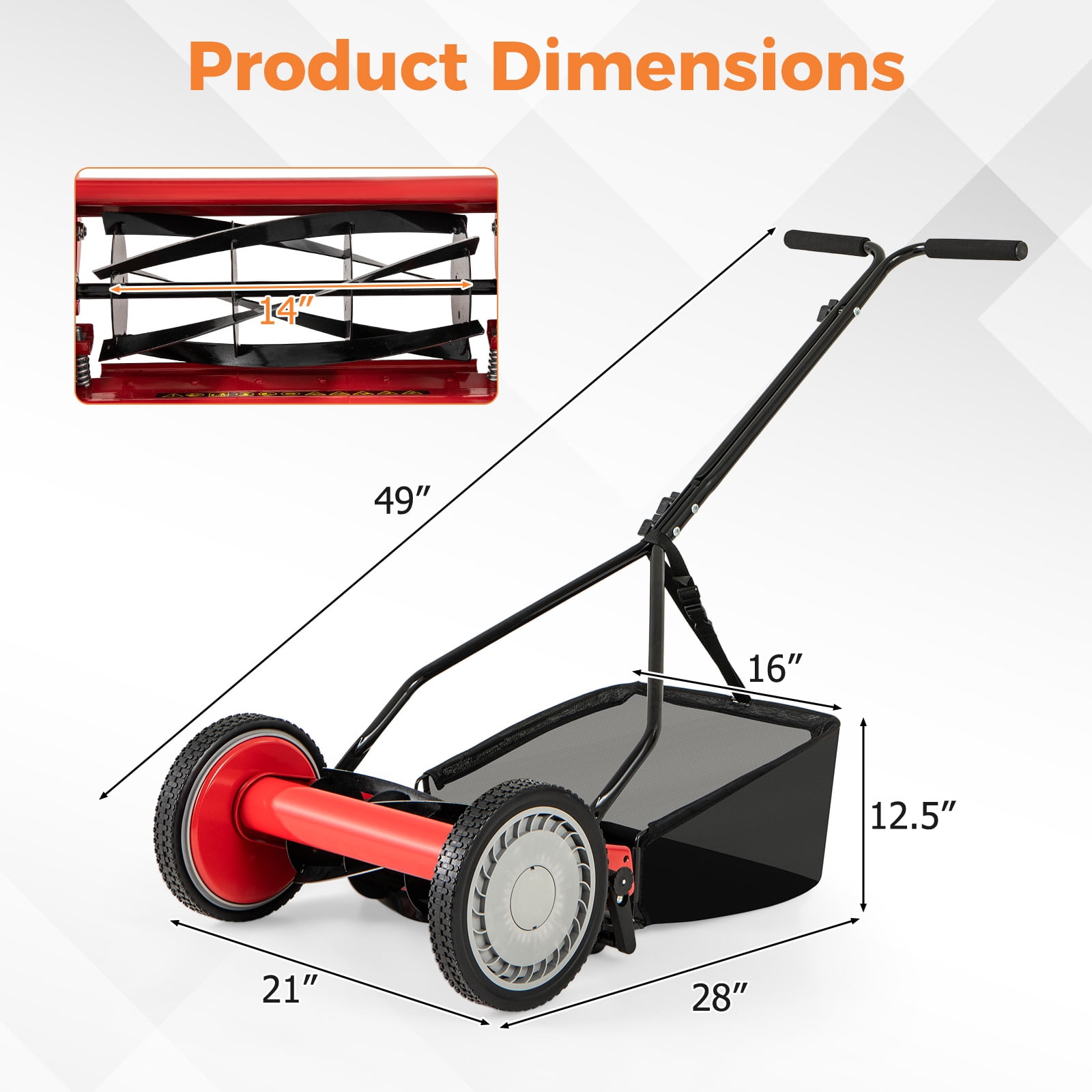 Gymax 14'' Manual Reel Mower w/ 5-Blade 6.6 Gallon Removable Grass Catcher for Garden Red