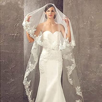 Velos de novia Longitud de la catedral Chal nupcial de la iglesia Velo de tul Una sola capa Flor de encaje Borde de tul Accesorios para el cabello nupcial para mujeres y niñas (Marfil) JM