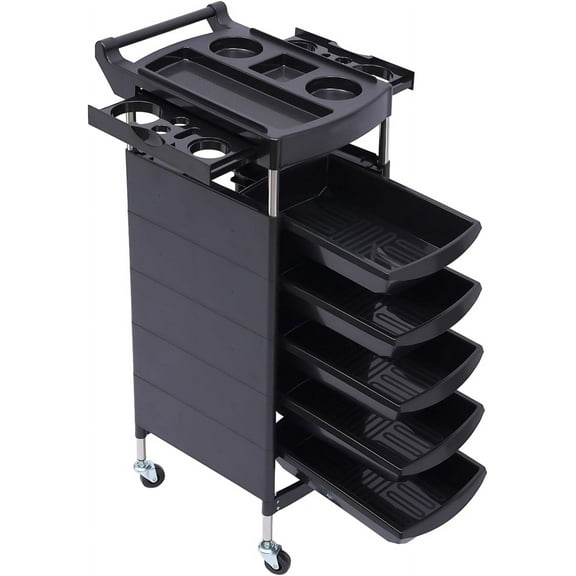 Mobile Hair Salon Cart with Handles and Rollers, Hairdresser Barber Shop Tool Storage Cart, 5 Drawers and 2 Hair Dryer Rack Side Trays, Widely Used in Beauty Salons and Hair Salons, Black