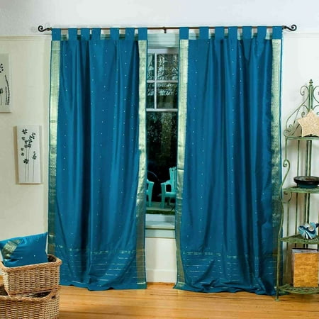 Turquoise Tab Top Sheer Sari Curtain Drape Panel Pair