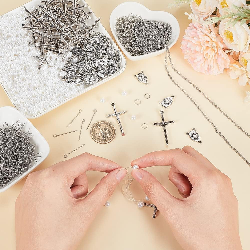 50 Sets Peral Beads 550pcs 6mm White Acrylic Pearl Beads 550pcs Metal Eye Pins Chains 50pcs Organza Bags