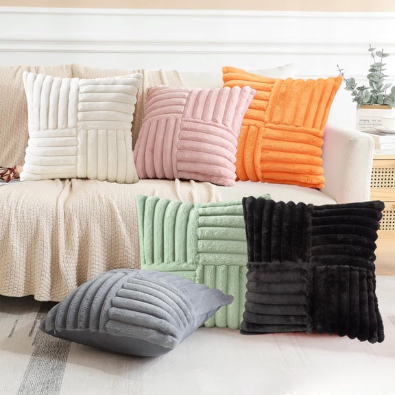 Solid Color Stripe Spliced Cushion Cover Patchwork Faux Fabric Soft Velvet Texture Hidden Zipper Decorative Throw Pillowcase Shell for Sofa Chair, 17.72", AKLJWH