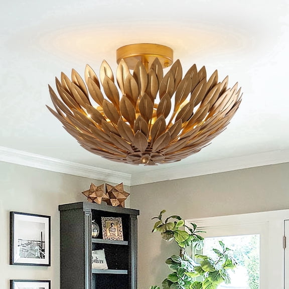 Parrrot Uncle 16" Antique Gold Metal 3-Light Leaves Semi-Flush Mount Ceiling Light for Bedroom