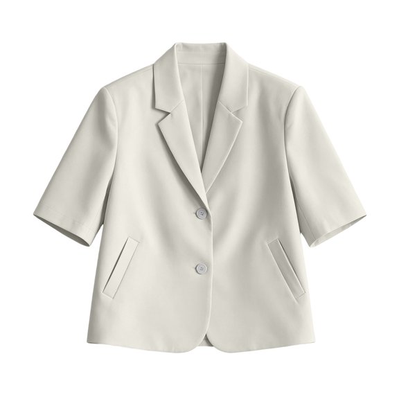 BODOAO Women's Short Sleeve Blazer Jacket Notched Lapel Button Front Loose Fit Business Casual Suit Coat with Pockets Lightweight Office Work Summer Outerwear Beige L
