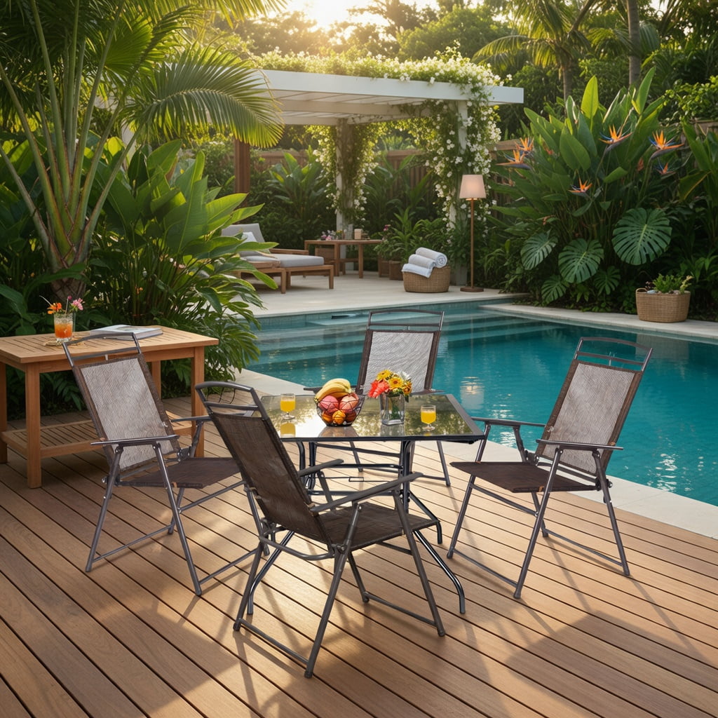 Hommoo 4-Pack Folding Patio Chairs, Steel Frame Sling Chairs with Weather-Resistant Fabric, Compact Lightweight Design for Backyard, Poolside, Balcony & Camping, Brown
