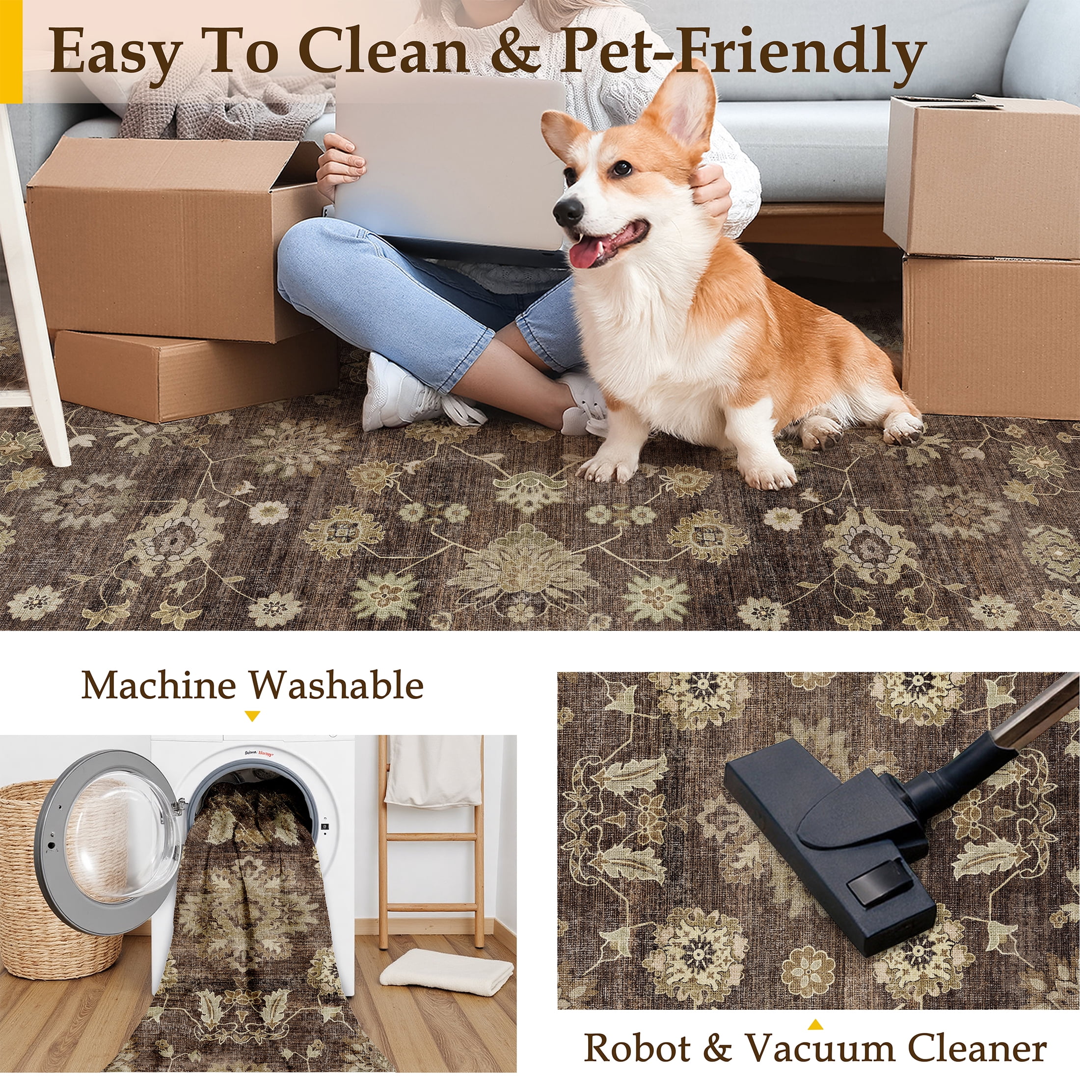 BERTHMEER 8'x10' Area Rugs for Living Room Large Vintage Brown Carpets for Bedroom Office Machine Washable Farmhouse Dining Room Oriental Rugs Non Slip Traditional Distressed Rugs