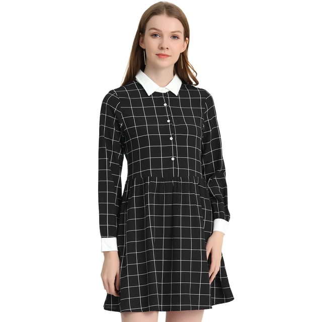 Vestido a cuadros vintage casual holgado con cuello en contraste de media tapeta para mujer Negro M