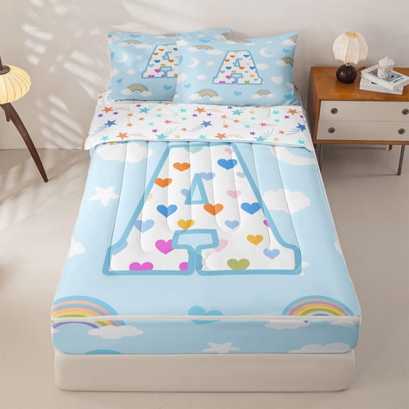 jejeloiu Rainbow Cloud Monogram A Zipper Twin Comforter Sets with Fitted Sheet and 2 Pillowcases For Kids,Colorful Heart Stars Initial Zipper Bedding Set For Girls,Colorful Stars Reversible,4-Piece