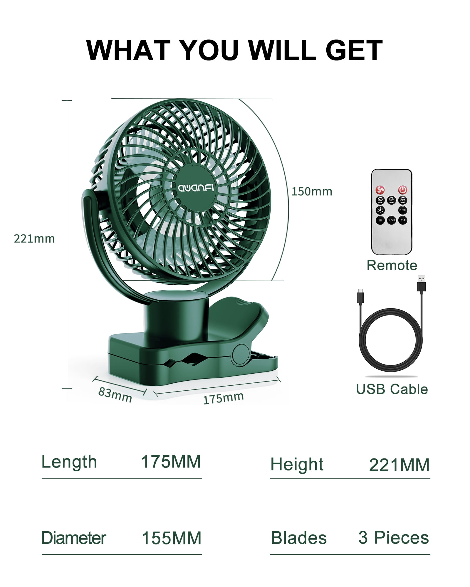 Clip Fan Rechargeable, 10000mAh Personal Fans Small Quiet with Remote, Portable USB Table Fan with 4 Speeds for Office Bedroom Desk (Green)