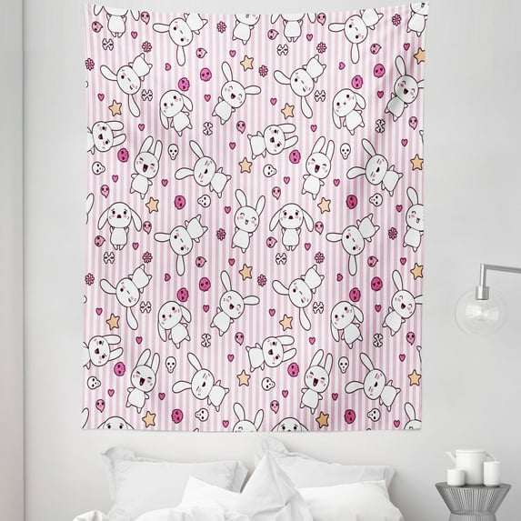 Cartoon Tapestry, Loveable Bunnies Numerous Facial Expressions Smiling Wink Sleeping Determined, Fabric Wall Hanging Decor for Bedroom Living Room Dorm, 5 Sizes, Pale Pink Pink, by Ambesonne