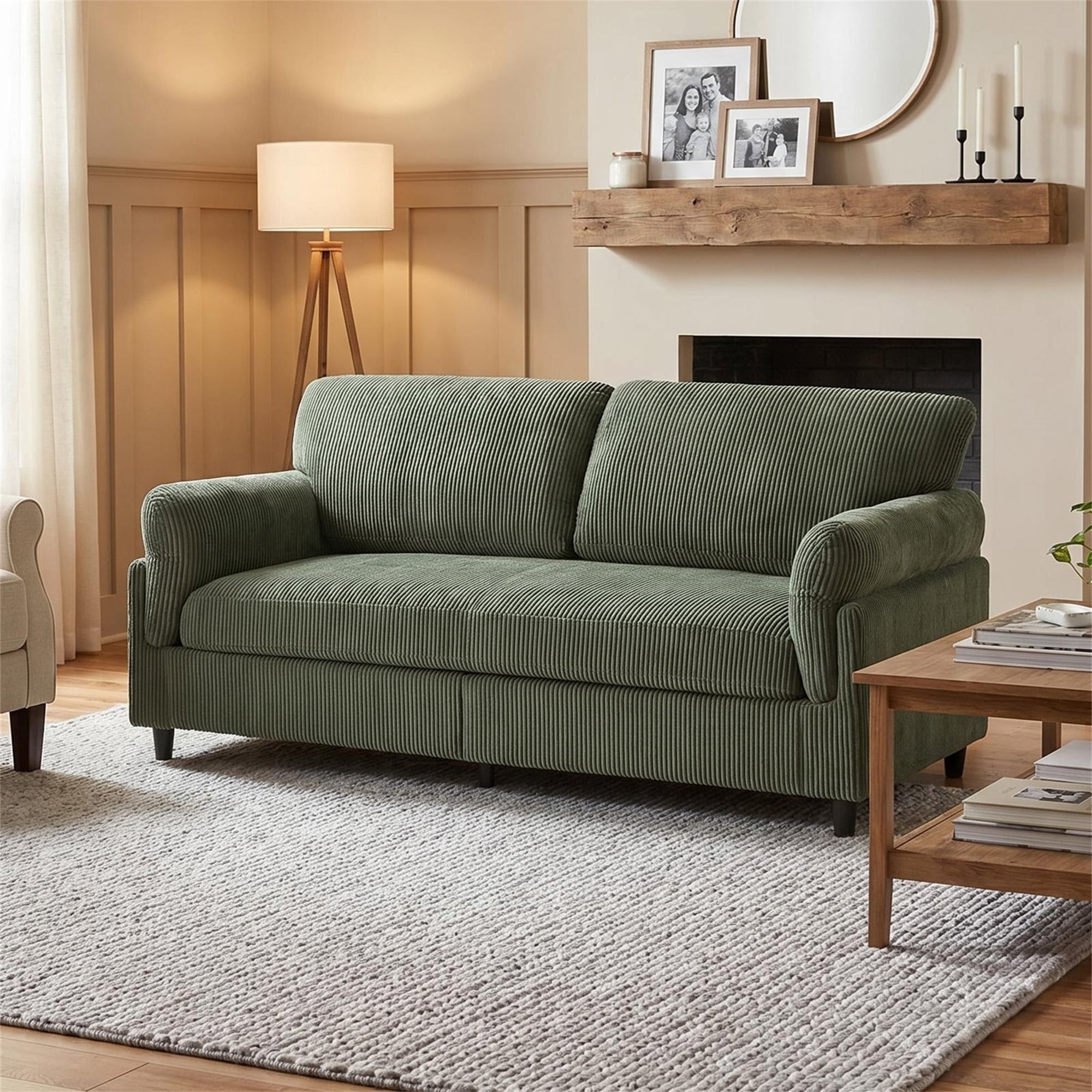 Aukfa 83" Pillow Top Arm Sofa 3 Seat Deep Seat Upholstered Couch for Living Room Bedroom, Corduroy, Green