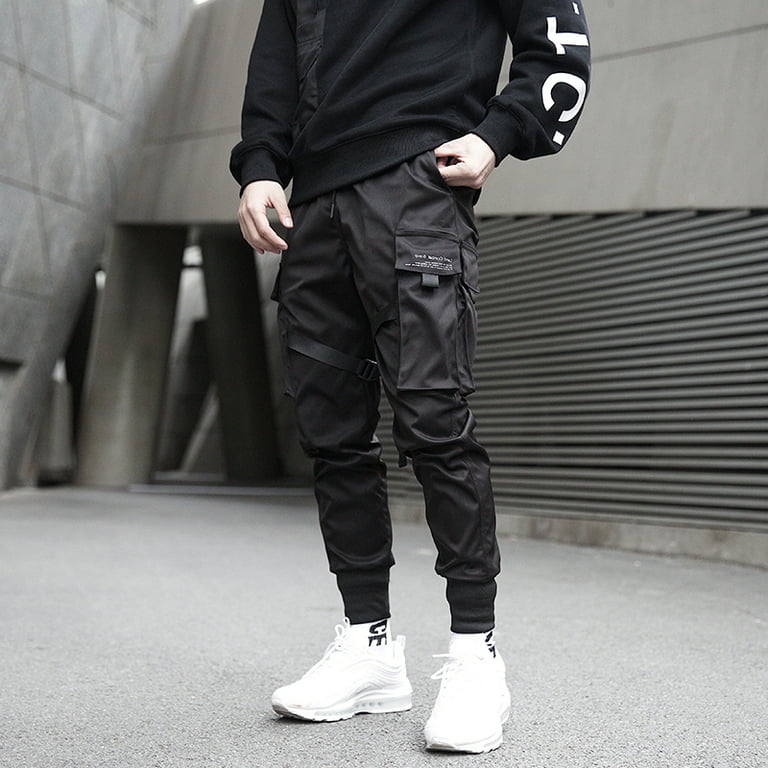 Men S Side Pockets Cargo Harem Pants Ribbons Black Hip Hop Casual Male  Joggers Trousers Fashion Casual Streetwear Pants 5xl