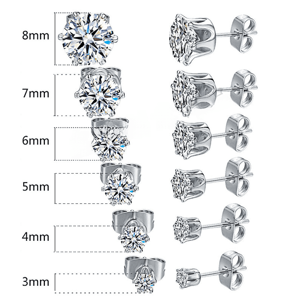 Pendientes de acero inoxidable con circonitas de seis garras para hombres y mujeres, pendientes pequeños con hebilla de mariposa sencilla, pendientes con clavos en forma de hueso en la oreja