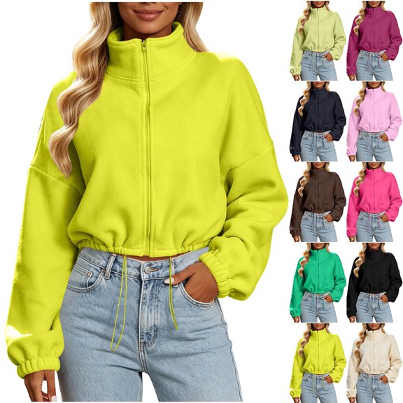 MexChoioe Womens Cropped Fleece Jacket Stand Collar Full Zip Long Sleeve Drawstring Hem Relaxed Casual Outer Coat for Womens