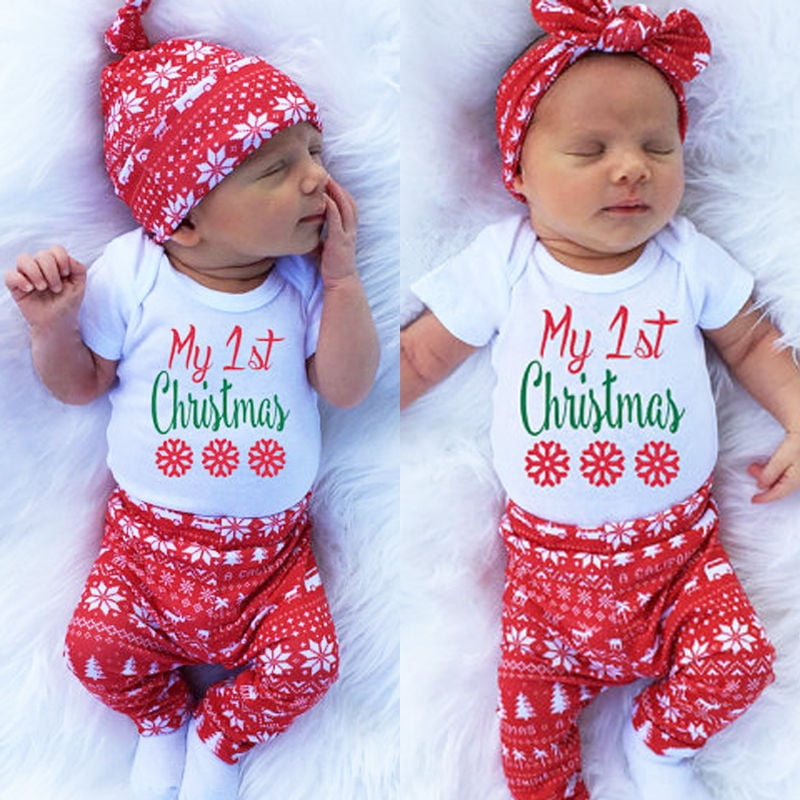 Cotton Newborn Baby Girls Boys Tops Romper+Long Pants Outfits Set XMAS Clothes