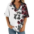 thumbnail image 5 of JTZGDY Short Sleeve V Neck T-Shirts for Women Dressy Floral Printed Summer Half Button Henley Tops Loose Fit Casual Graphic Vacation Tees Shirt Blouses Wine S, 5 of 6