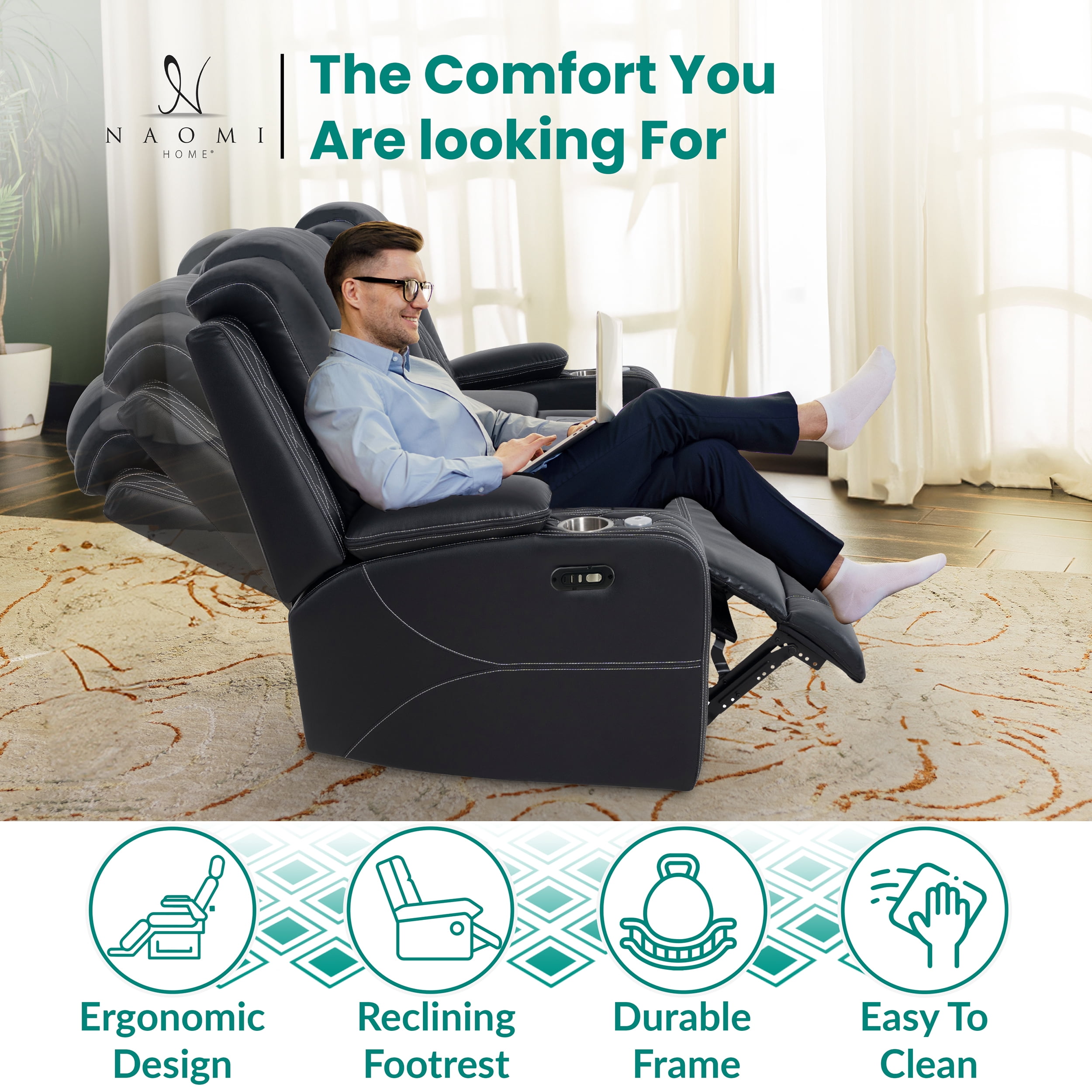 Naomi Home Chicago Corner Loveseat Sofa Black Air Leather, Reclining Sofa with Console, Cup Holders, USB Ports, Pillow Top Armrests & Split Back Design, Modern Air Leather Living Room Couch
