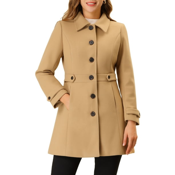 INSPIRE CHIC Abrigo largo de invierno con bolsillos para mujer con un solo pecho Caqui M