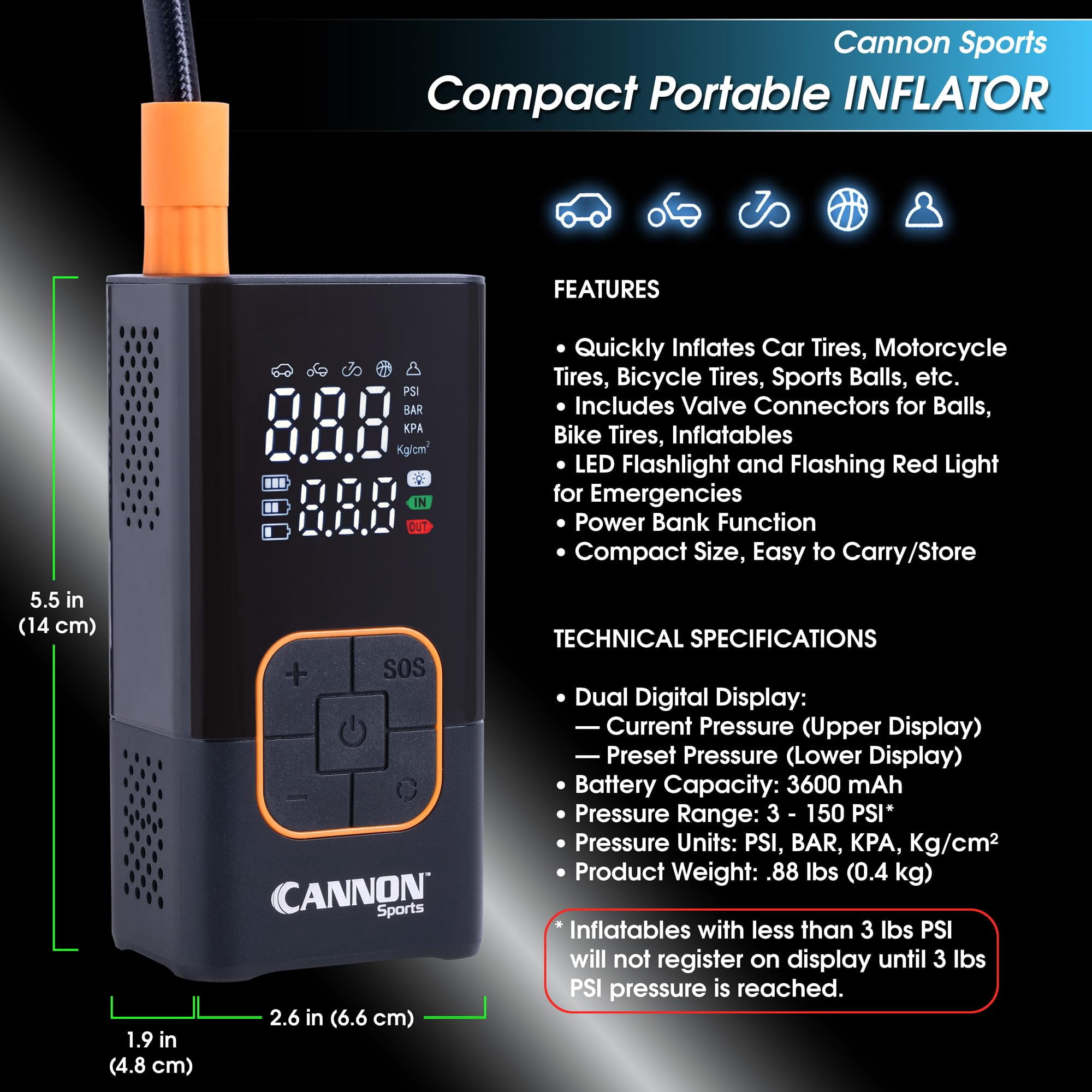 Cannon Sports Portable Tire Inflator Air Compressor & Electric Ball Pump – 150 PSI Cordless Digital Pump with LCD Display, Rechargeable Battery, LED Light – Car, Bike, Motorcycle Tires & Sports Balls
