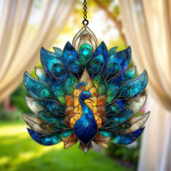 Colorful Peacock Faux Stained Glass Suncatcher – Acrylic Hanging Window Art with Ornate Peacock Feather, Royal Nature Decor for Elegant Home
