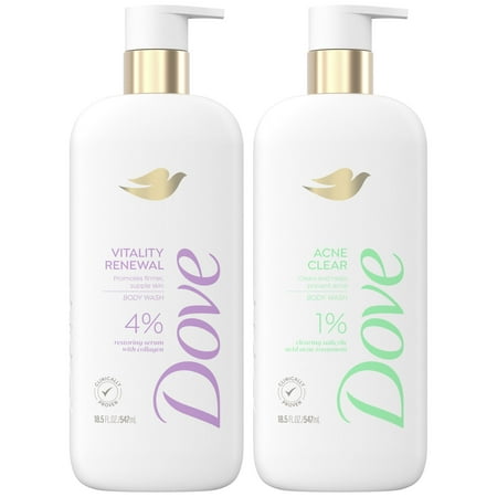 Dove Vitality Renewal & Acne Clear Body Wash Set - 2 x Vitality Renewal Firming Body Wash with 4% Restoring Serum & 1 x Acne Clear Women’s Body Wash with 1% Salicylic Acid, 18.5 oz