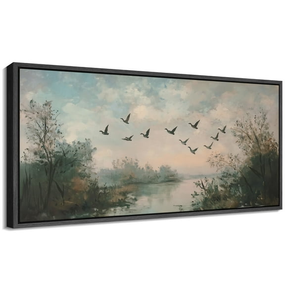 Large Framed Canvas Print A Flock of Birds Flying over The Lake Wall Art Decorative Ready to Hang Painting for Living room Bedroom - 60"x30" Black Frame