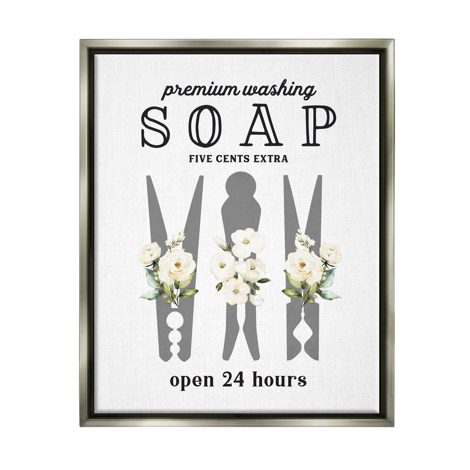 Stupell Industries Floral Clothespin Silhouette Vintage Script Soap Signage Graphic Art Luster Gray Floating Framed Canvas Print Wall Art, Design by Lettered and Lined