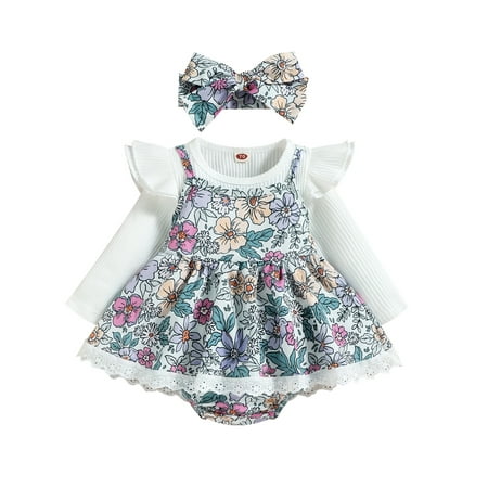 

Bomotoo Baby Cute Spring Autumn Outfits Floral Print Casual Top+Strap Dress+Heanband Holiday Swing Bow Tie 3Pcs Outfit Suit Purple Pink 100cm