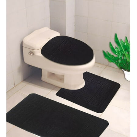 Black Bathroom Mat 3PC GREEK DESIGN BLACK Design Bathroom Bath Mat Set Includes, 1 Contour Mat, 1 Lid Toilet Cover, 1 Bath Mat Ultra Absorbent with Anti-Slip Backings ( FOR STANDARD SIZE ONLY ) ()