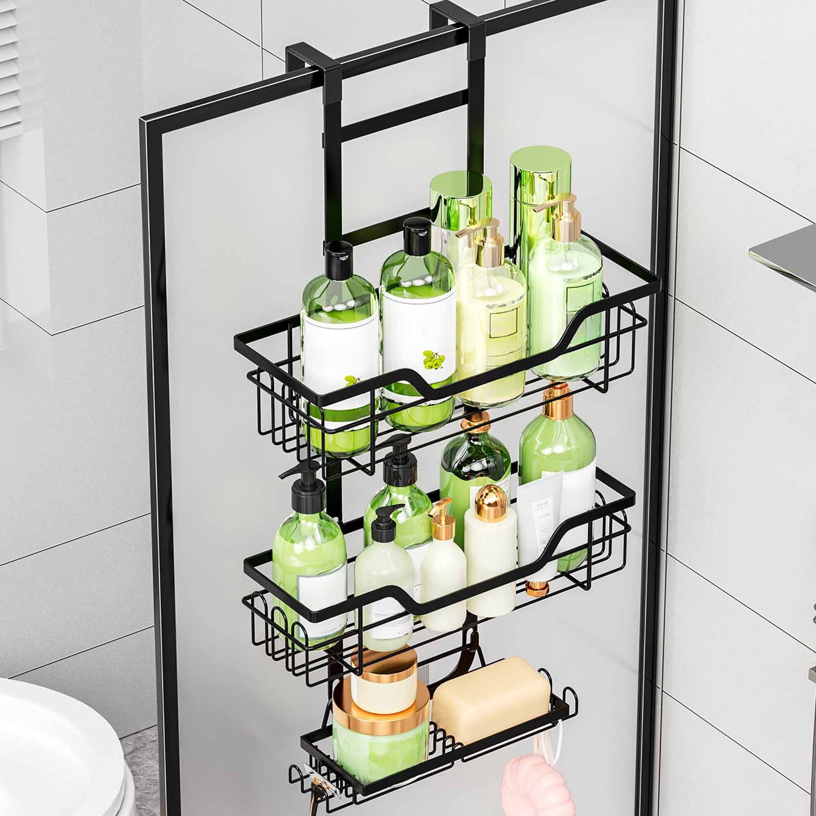 Tunhigl 3-Tier Over-Door Shower Caddy - Stainless Steel Hanging Rack, Rust-Proof Bathroom Organizer for Towels, Soap, Shampoo & Sponges, No-Drill Space-Saver, Fits Standard & Glass Doors Black
