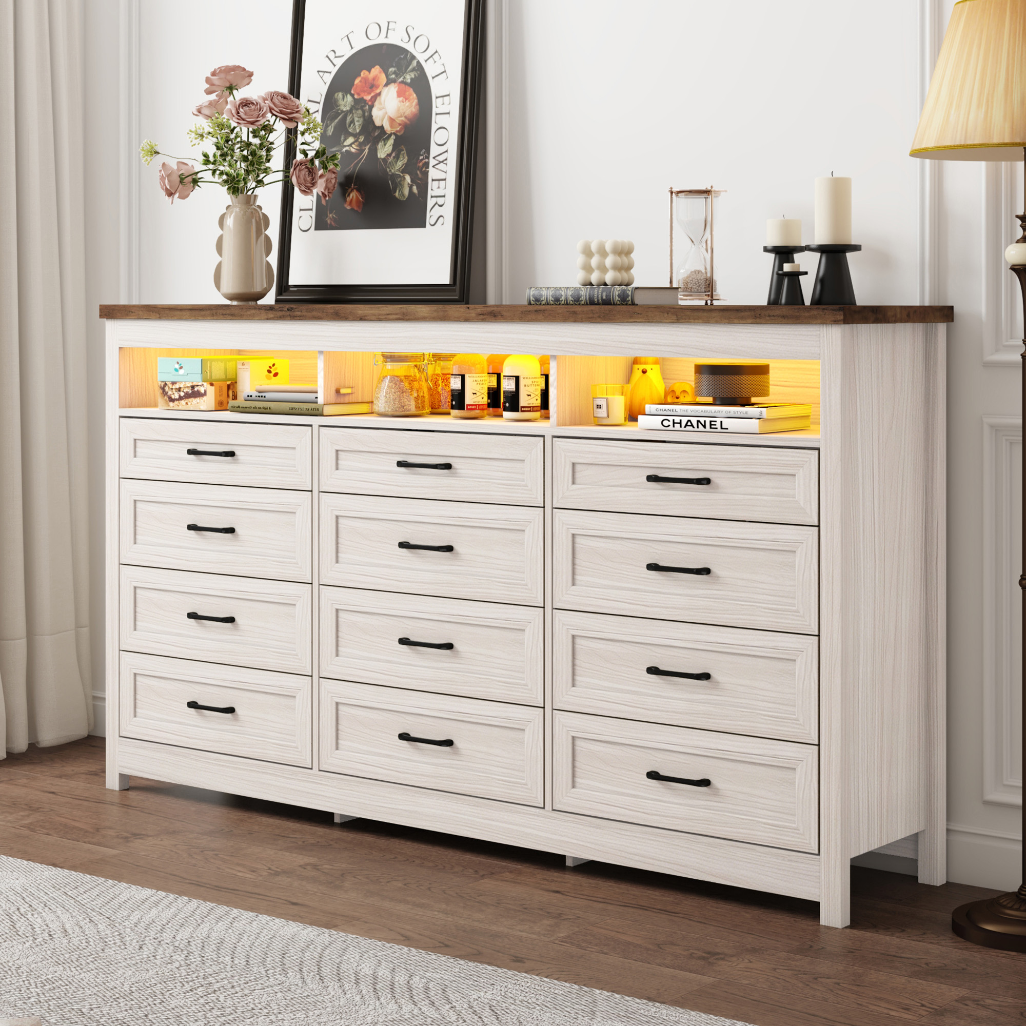 ANPOO 71" Large Farmhouse 12 Drawers Dresser with LED Lights & Power Outlet, 41" Tall Chest of Drawers with Storage Organizer/60000 Colors Light, Modern Wood Dresser for Bedroom, Living Room, Hallway