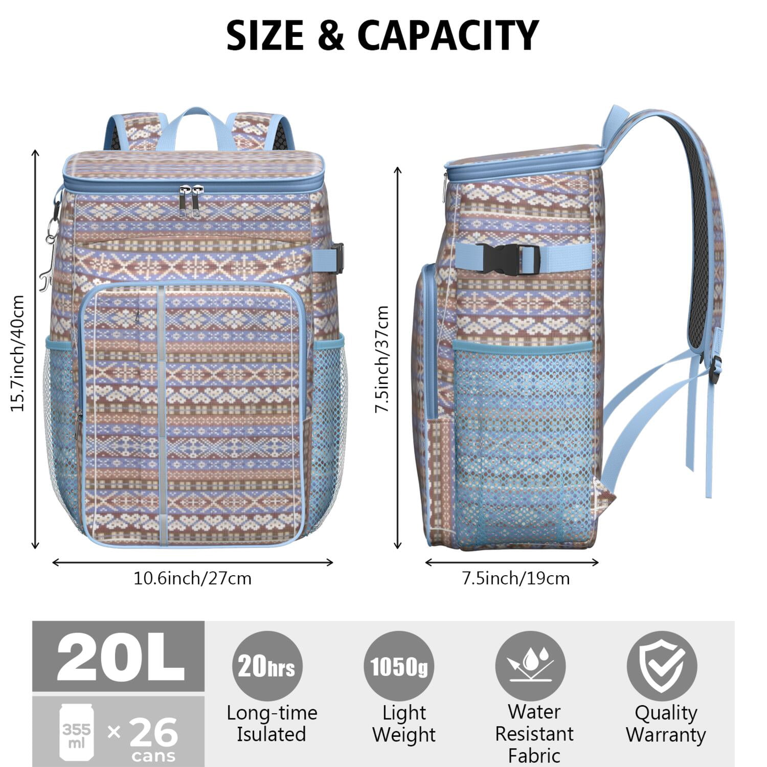 Travel Cooler Bag - Boho Bohemia Pioneer Flower Geometric Line Art Camping Beer Cooler Backpack with Bottle Opener- Waterproof Insulated Picnic Backpacks - Cooler Bag for Beach