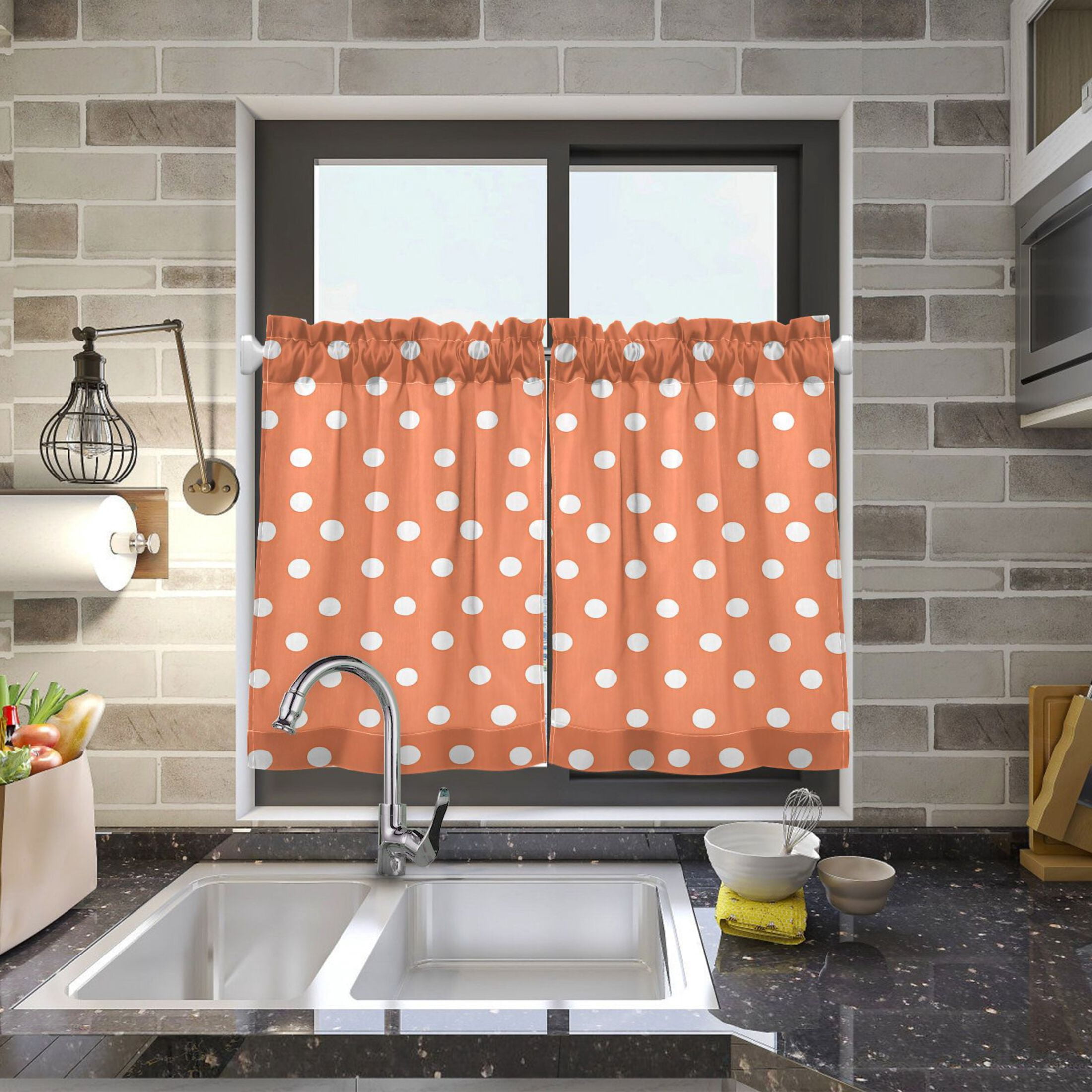 White Polka Dots 27"x36" Linen Look Cafe Curtain Set with Privacy and UV Protection