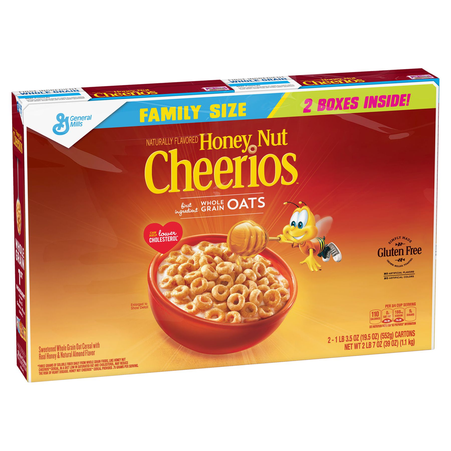 Honey Nut Cheerios, Gluten Free, Cereal, Family Size 2 Pack, 39 oz ...