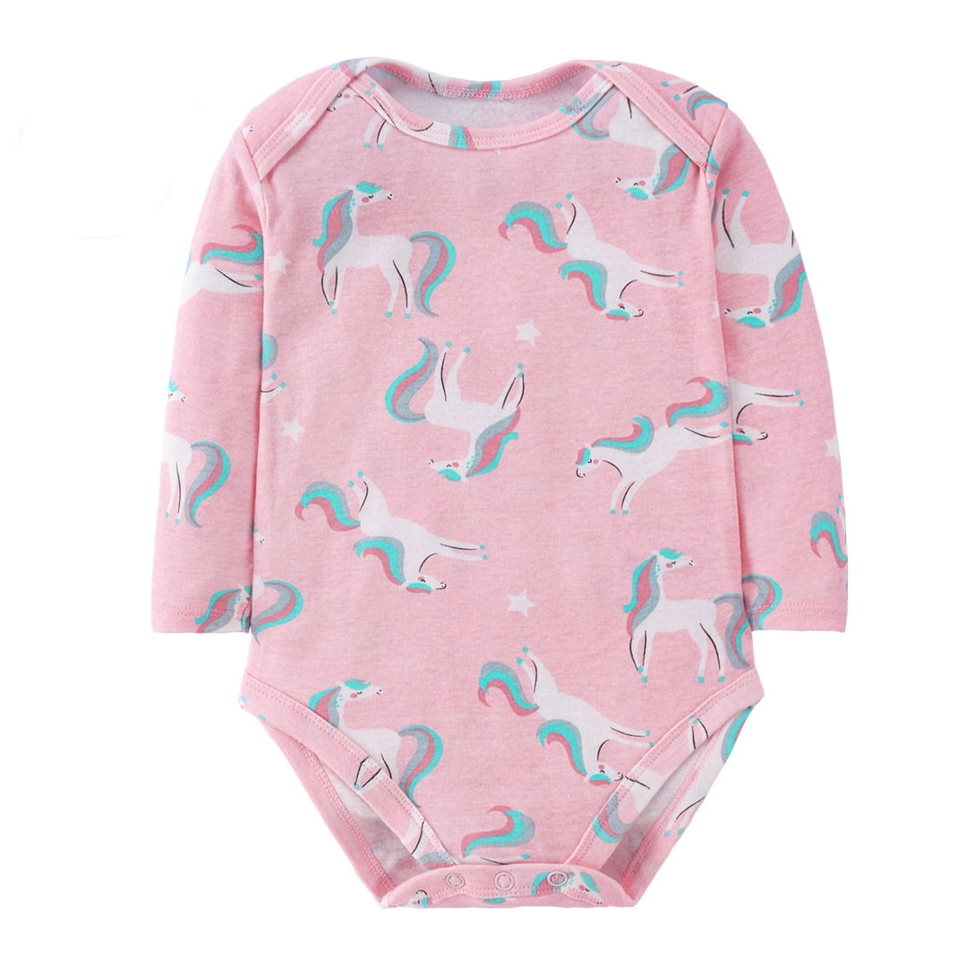 Bellafa 2-pack Long Sleeve Bodysuits One-piece 100% Organic Cotton for Infant Girls Floral Unicorn Onesies Baby Romper