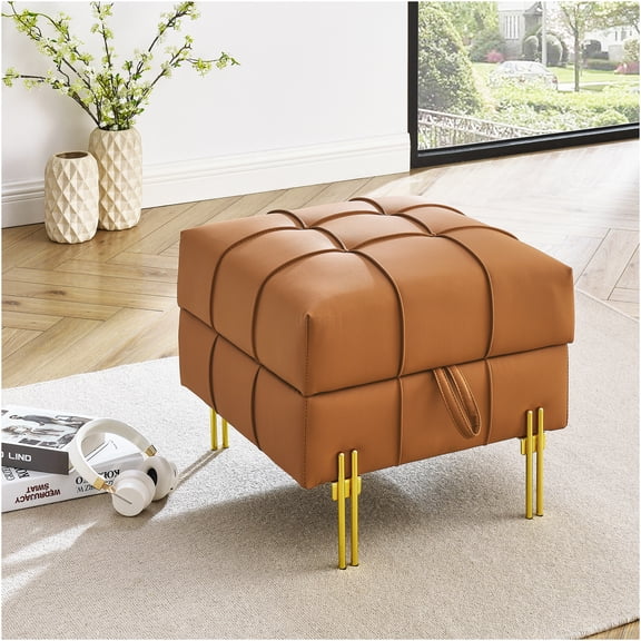 JERFIT Leather Storage Ottoman Bench with Gold Legs, Tufted Pet-Friendly Footstool Pouf for Entryway, Living Room, Orange