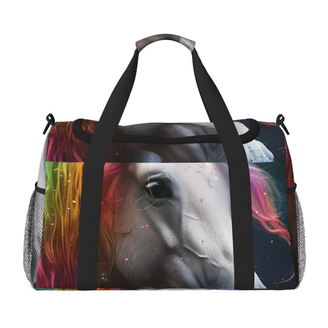 Balery Colorful Haired White Horse Bolsa de Gimnasio para Mujeres, Bolsa de Viaje con Bolsillo Húmedo, Bolsa de Fin de Semana para Mujeres, Bolsa de Viaje Resistente al Agua