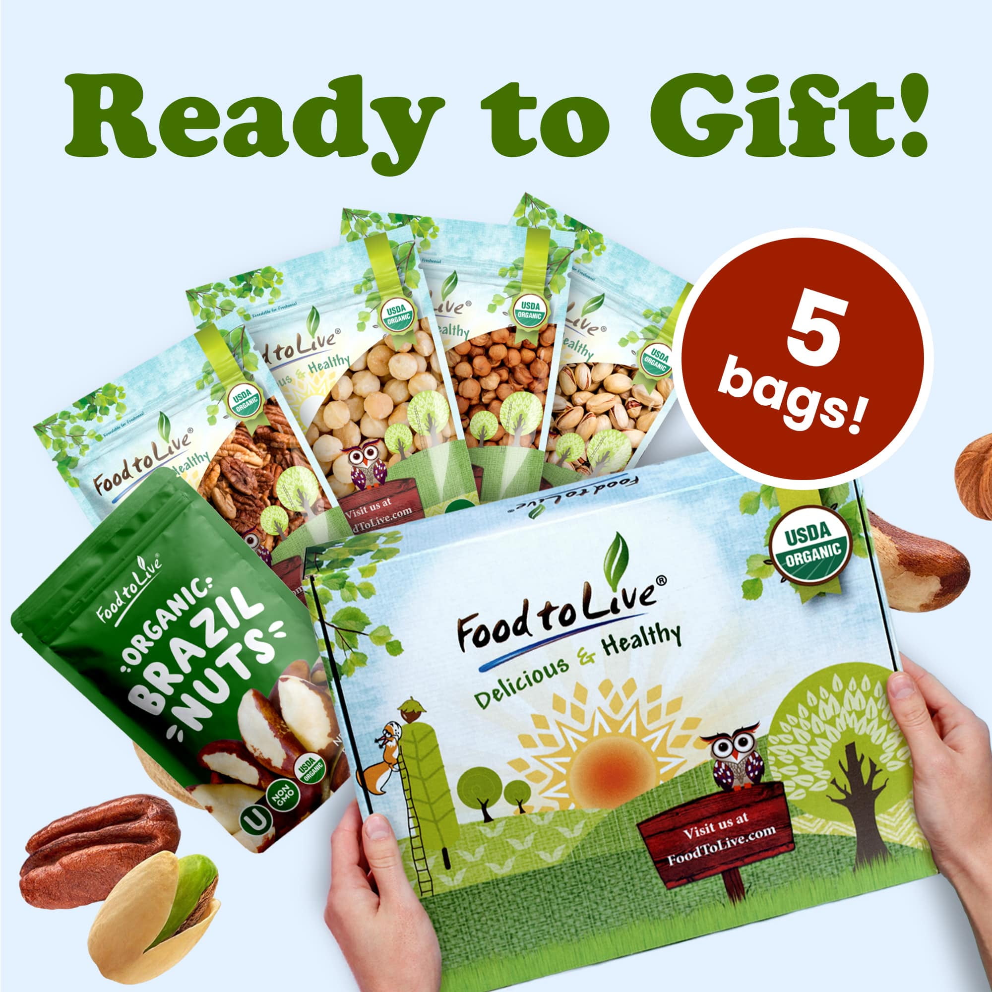 Organic Delicious Nuts - Gift Box by Food to Live (Non-GMO, Kosher) – 1 Gift box (1 Gift box)