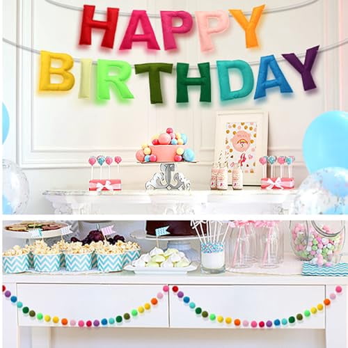 Colorful Felt Ball Birthday Banner Garland, Rainbow Triangle Pennant Flags for Party Decorations, Bulk Multicolor Bunting String for Celebrations
