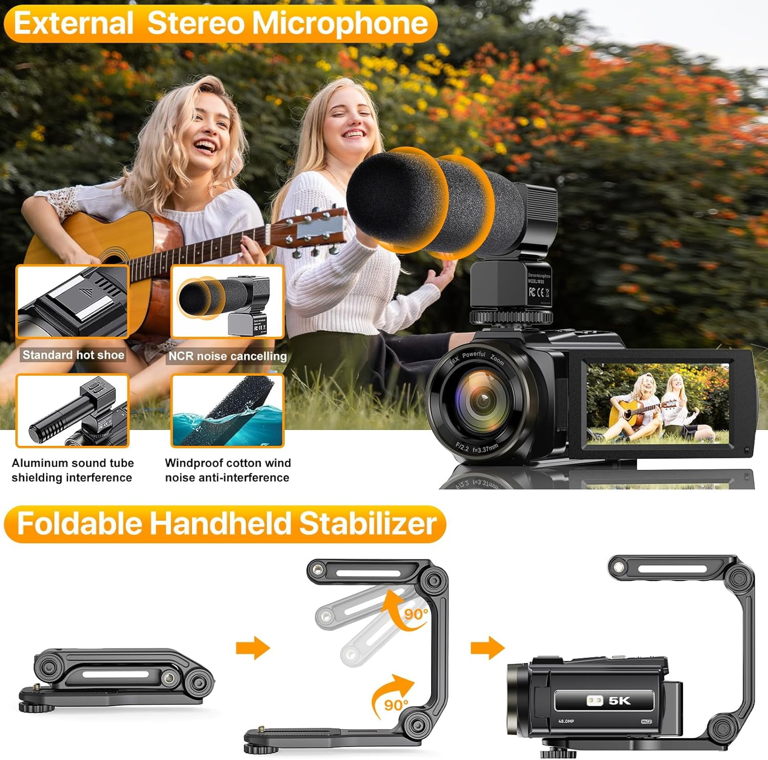 5K Video Camera Camcorder 48MP UHD Wifi IR Night Vision Vlogging Camera for YouTube with 32GB SD Card,16X Digital Zoom Touch Screen with External Microphone,2 Batteries