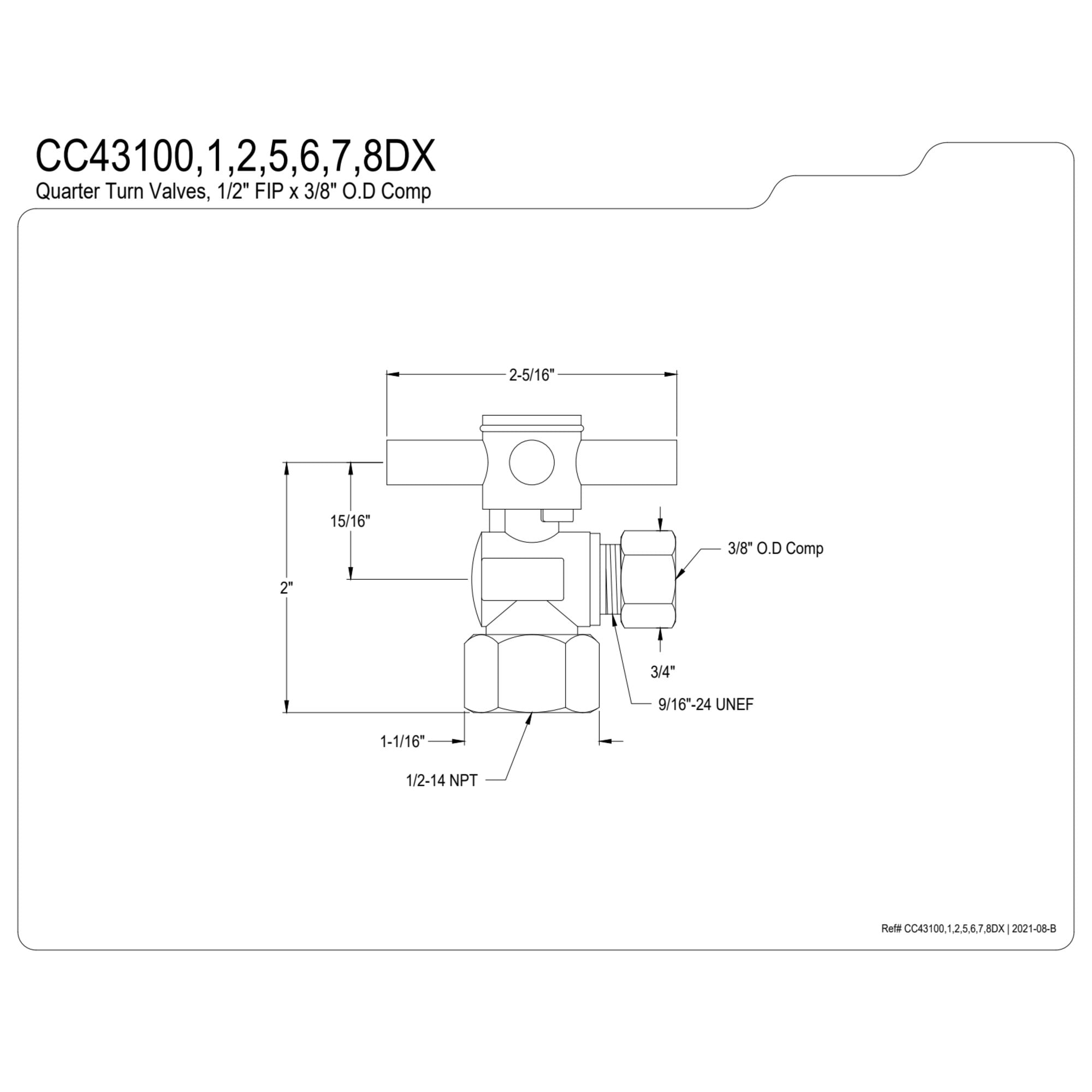Kingston Brass CC43106DX 1/2-Inch FIP x 3/8-Inch O.D. Comp Quarter-Turn Angle Shut-Off Valve in Polished Nickel