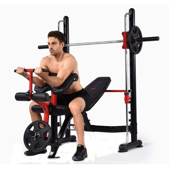 MiM USA Olympic Weight Bench w/Leg Extension Preacher curl Functions, Squat Rack Set