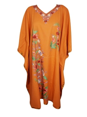 Mogul Womens Orange Floral Embroidered Kimono Resort Wear Short Caftan ONE SIZE