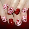 thumbnail image 1 of Uñas postizas ZOAZJINAZ 24 piezas, set rojo y blanco con corazones y brillo, 1 of 7