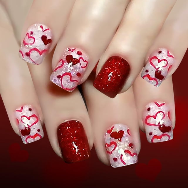 Uñas postizas ZOAZJINAZ 24 piezas, set rojo y blanco con corazones y brillo