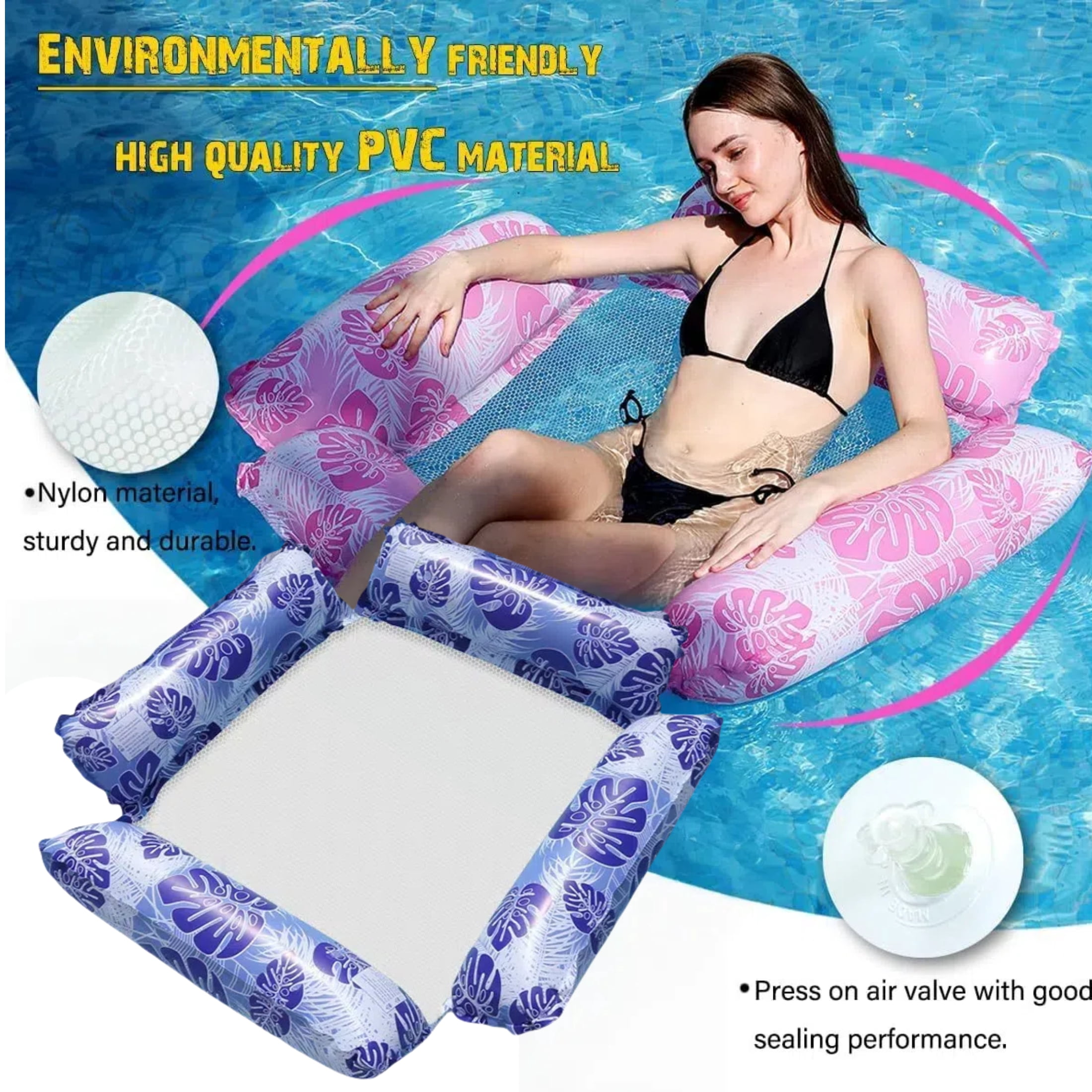 3 Packs Inflatable Pool Floats Adults 4-in-1 Multi-Purpose Pool Floats PVC Water Hammock Lounge Floaties