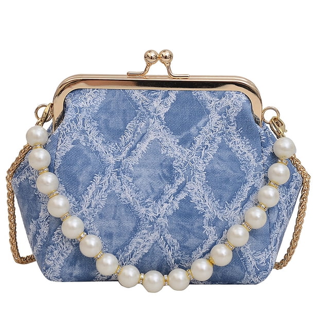 Bolso Hombro Mezclilla para Mujer Con Cruzado Asa Superior Perlas () Azul