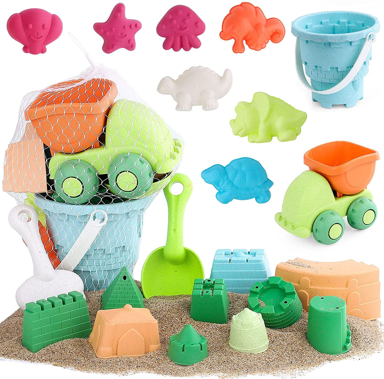 Dreamon Beach Sand Toys for Kids Toddlers Sandbox Toys with Bucket Shovel Mesh Beach Bag Sand and Water Play 13PCS 