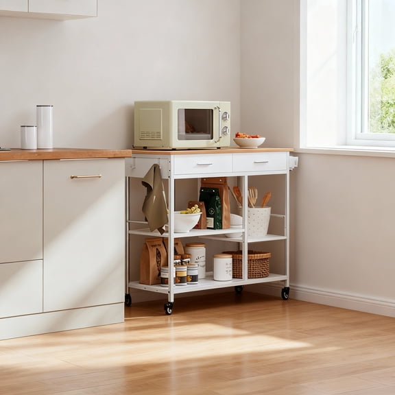LEDREM Kitchen Rolling Island Cart with 2 Drawers, Adjustable Shelves, Towel Rack, Hooks, Mobile Storage and Prep Table, Oak Beige and Matte White