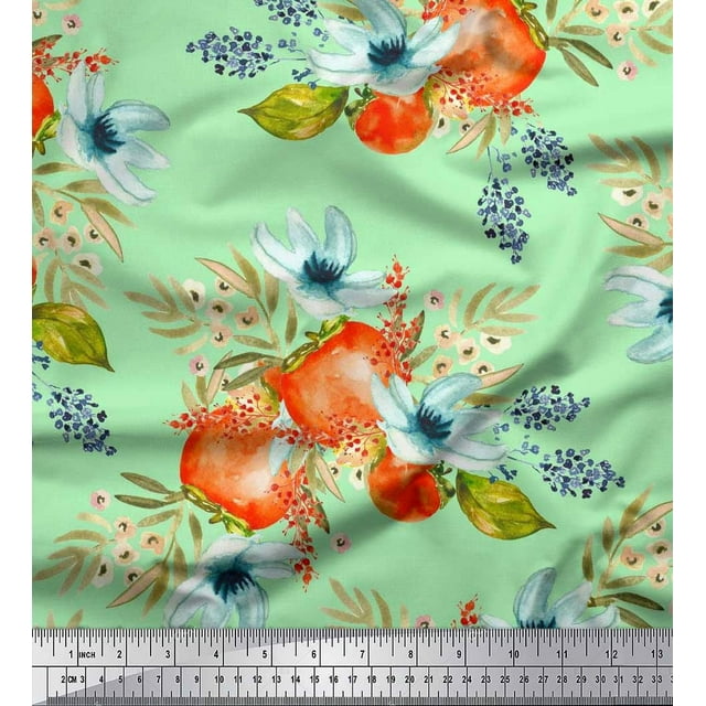 Soimoi Green polyester Crepe Fabric Tomato & Freesia Floral Print Fabric by the Yard 52 Inch Wide
